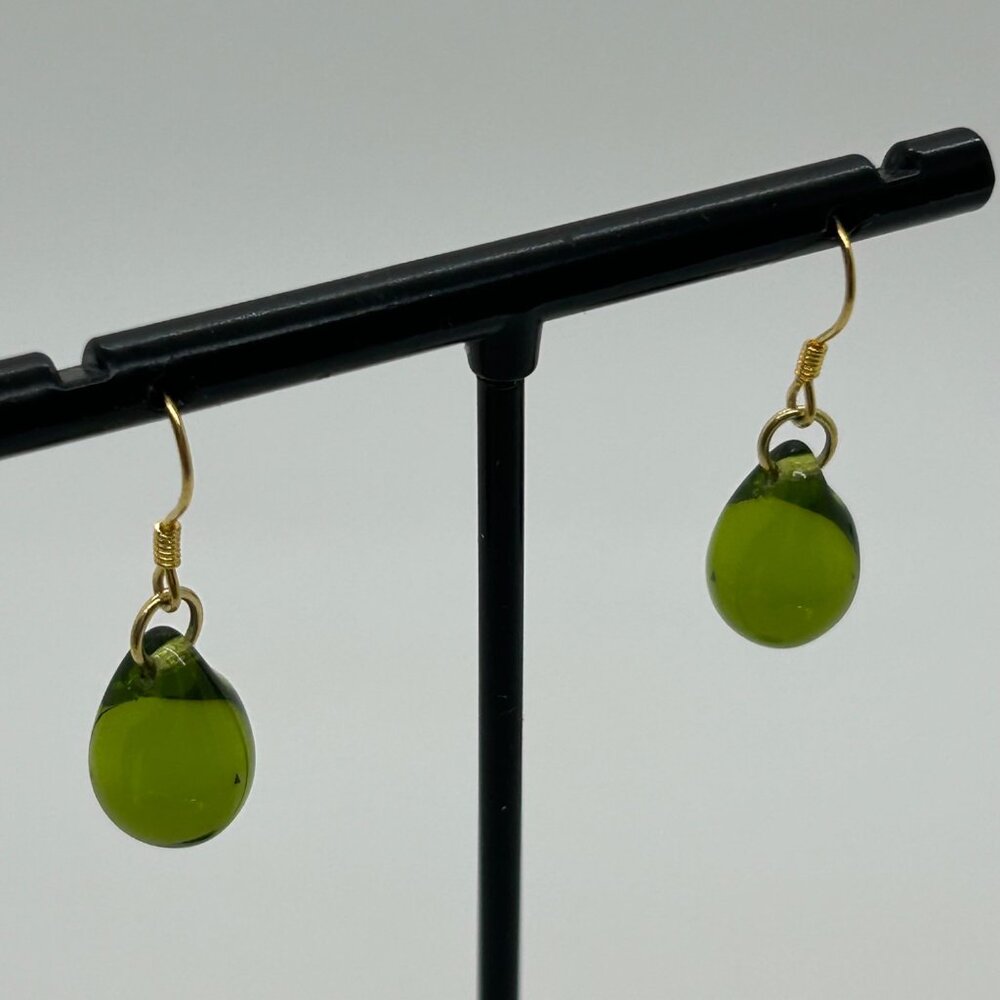 Handmade Green Teardrop Glass Earrings With Sterling Silver Wire Hooks For Women - Picture 13 of 15